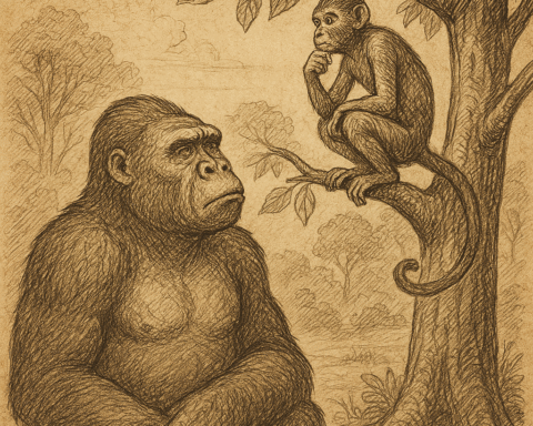 Parchment-style illustration of Ngiya the Gorilla and Ingenda the Monkey in an African forest scene.