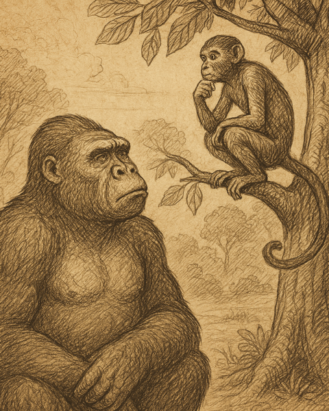 Parchment-style illustration of Ngiya the Gorilla and Ingenda the Monkey in an African forest scene.