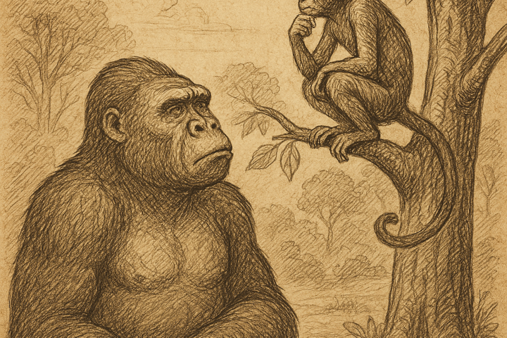 Parchment-style illustration of Ngiya the Gorilla and Ingenda the Monkey in an African forest scene.