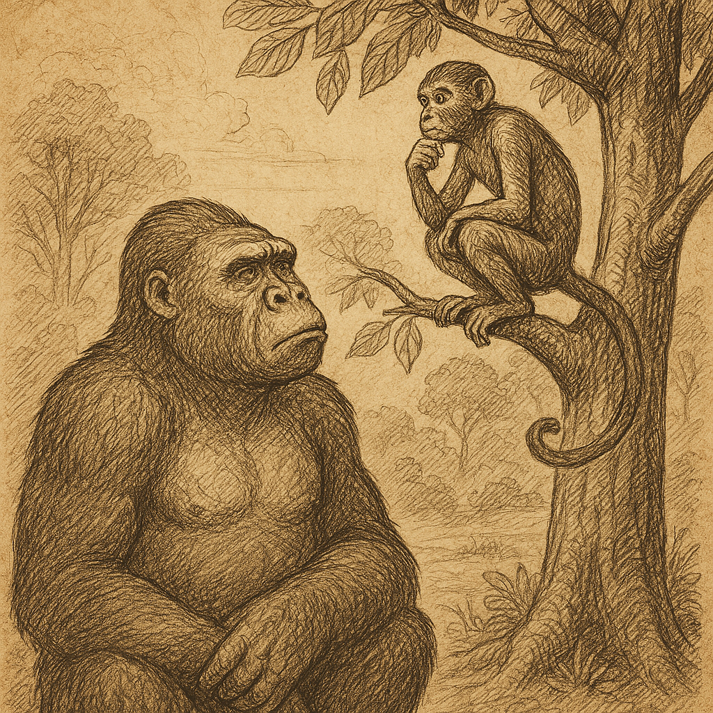 Parchment-style illustration of Ngiya the Gorilla and Ingenda the Monkey in an African forest scene.