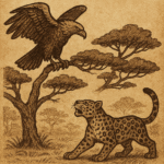 Parchment-style African folktale illustration of Mbela the Eagle perched above Nja the Leopard near acacia trees.