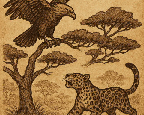 Parchment-style African folktale illustration of Mbela the Eagle perched above Nja the Leopard near acacia trees.