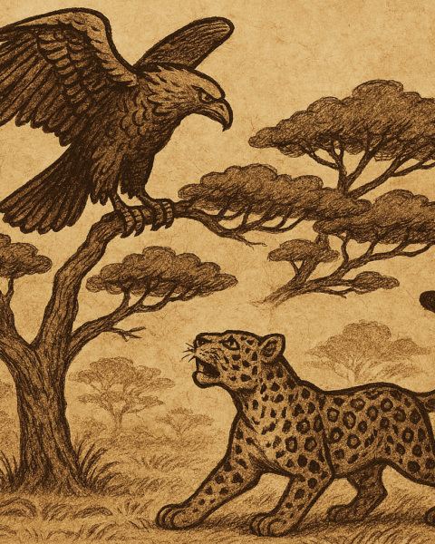 Parchment-style African folktale illustration of Mbela the Eagle perched above Nja the Leopard near acacia trees.