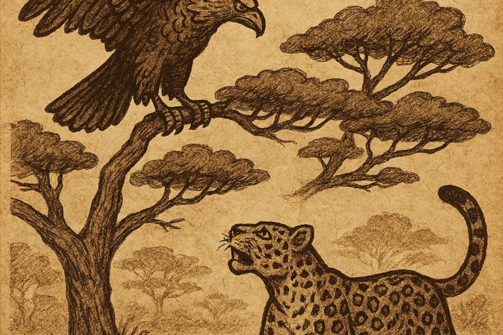 Parchment-style African folktale illustration of Mbela the Eagle perched above Nja the Leopard near acacia trees.