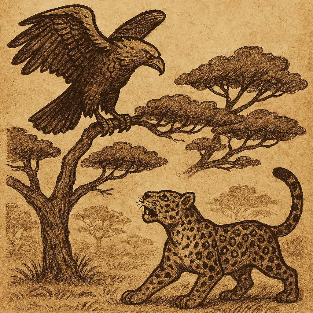 The Eagle and Leopard Hunting Contest | FolktalesAfrica.com Parchment-style African folktale illustration of Mbela the Eagle perched above Nja the Leopard near acacia trees.