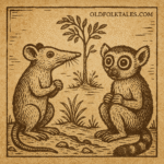 Parchment-style drawing of Unyunge blowing embers, Po watching vigilantly; African folktale scene.