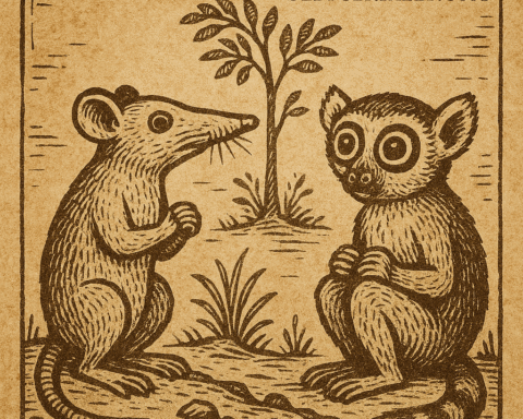 Parchment-style drawing of Unyunge blowing embers, Po watching vigilantly; African folktale scene.