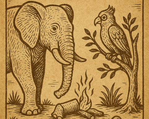 Parchment-style drawing of Njaku and Koho’s encounter; African folktale about pride and fatal envy.