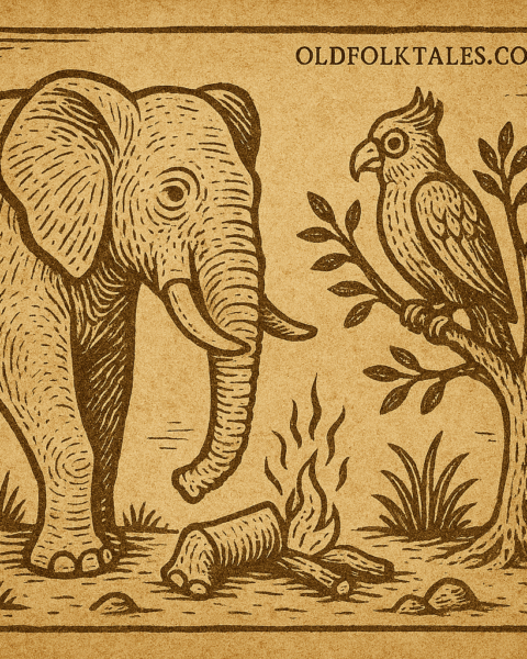 Parchment-style drawing of Njaku and Koho’s encounter; African folktale about pride and fatal envy.