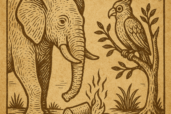 Parchment-style drawing of Njaku and Koho’s encounter; African folktale about pride and fatal envy.