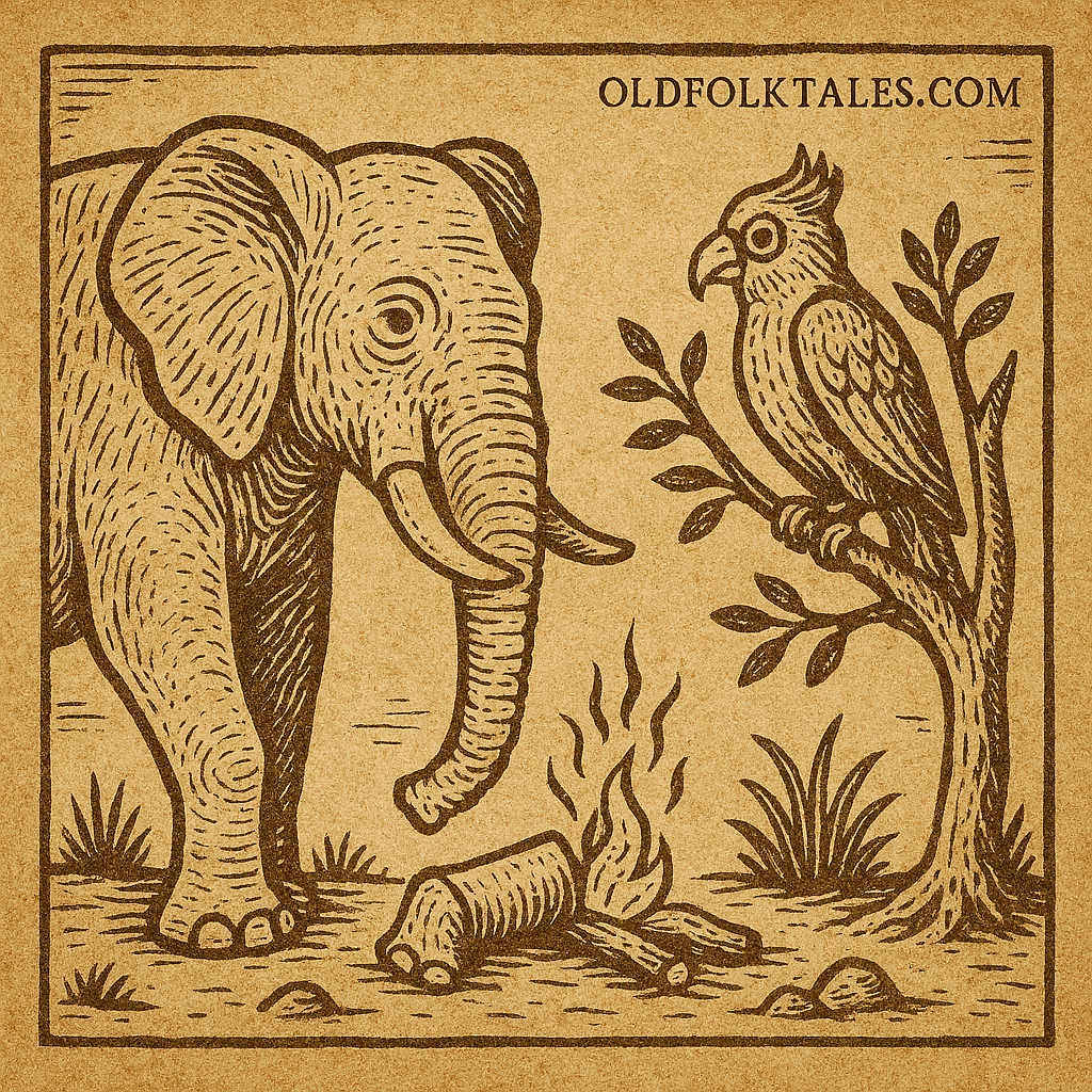 Njaku the Elephant and Koho the Parrot | FolktalesAfrica.com Parchment-style drawing of Njaku and Koho’s encounter; African folktale about pride and fatal envy.