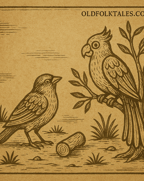 Parchment-style drawing of sparrow and parrot debating inheritance under baobab; African folktale scene.