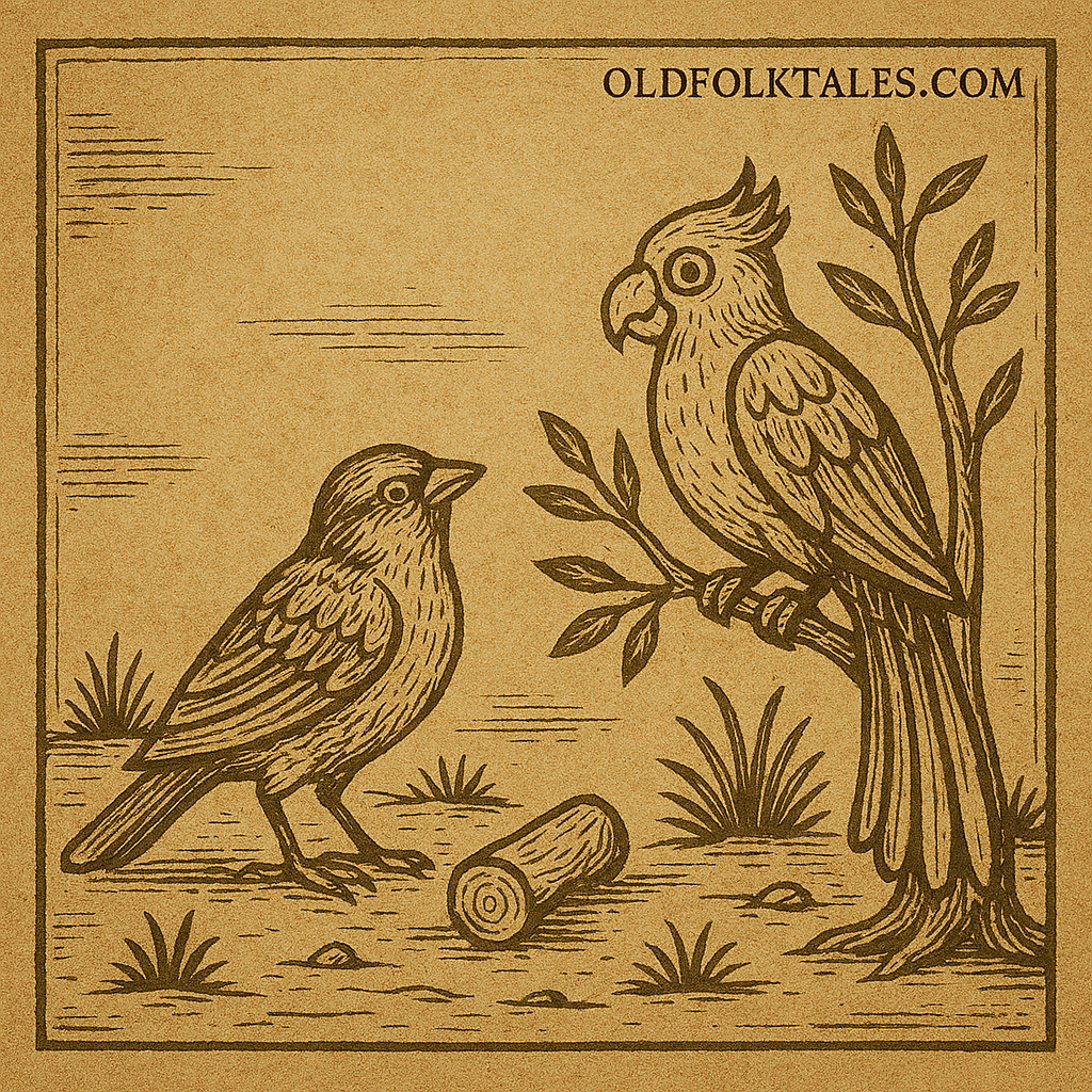 Parchment-style drawing of sparrow and parrot debating inheritance under baobab; African folktale scene.