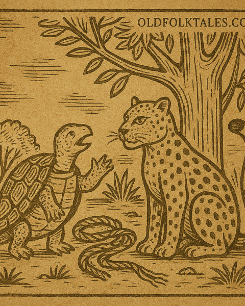 Parchment-style drawing of Tortoise and Leopard in forest; African folktale about deception and forgotten vine.