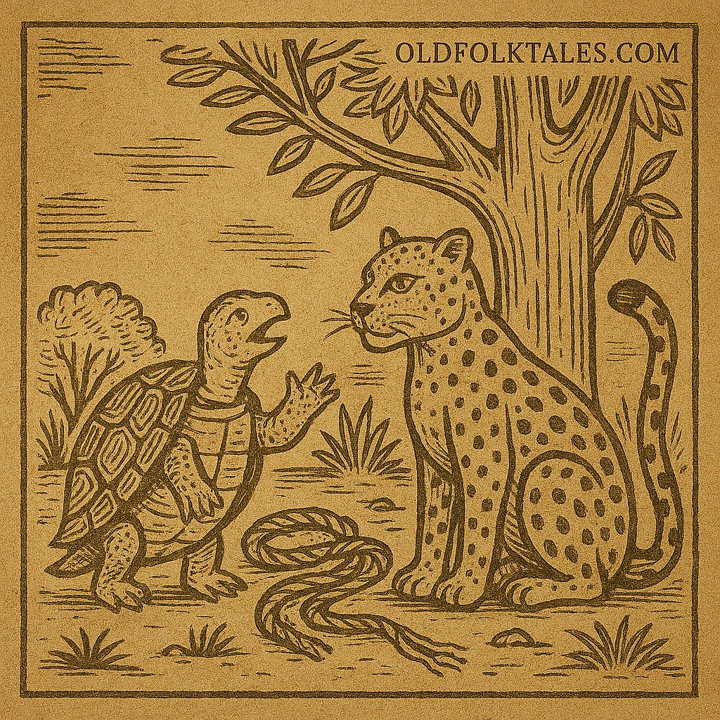 Parchment-style drawing of Tortoise and Leopard in forest; African folktale about deception and forgotten vine.