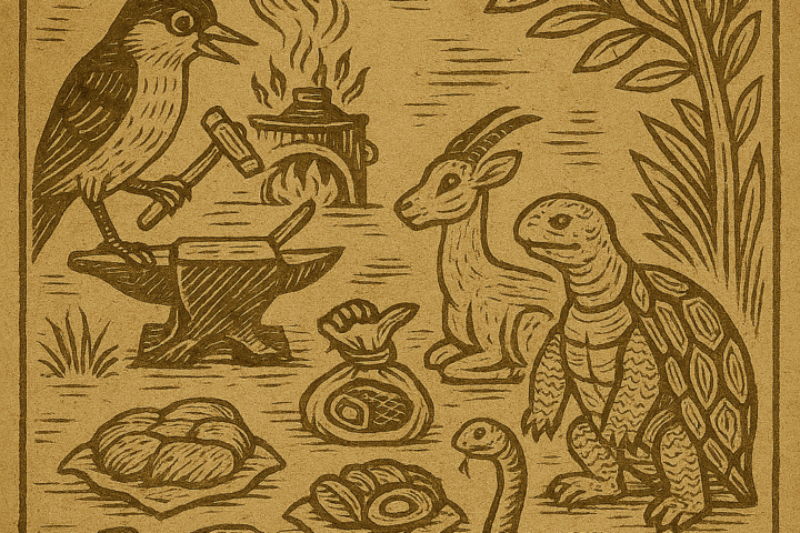 Parchment-style drawing of animals choosing food bundles at forge; African folktale about age and wisdom.