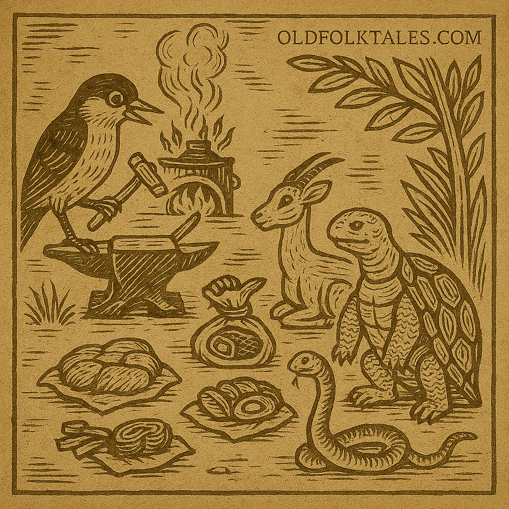 Parchment-style drawing of animals choosing food bundles at forge; African folktale about age and wisdom.