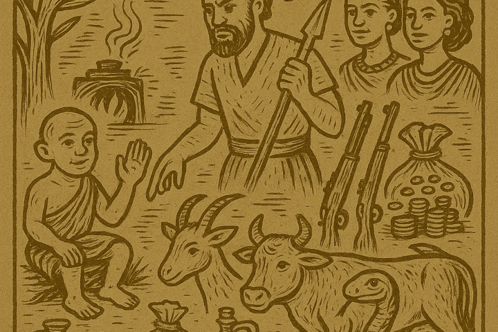 Parchment-style drawing of hunter and magical dwarf summoning riches; African folktale about patience and reward.