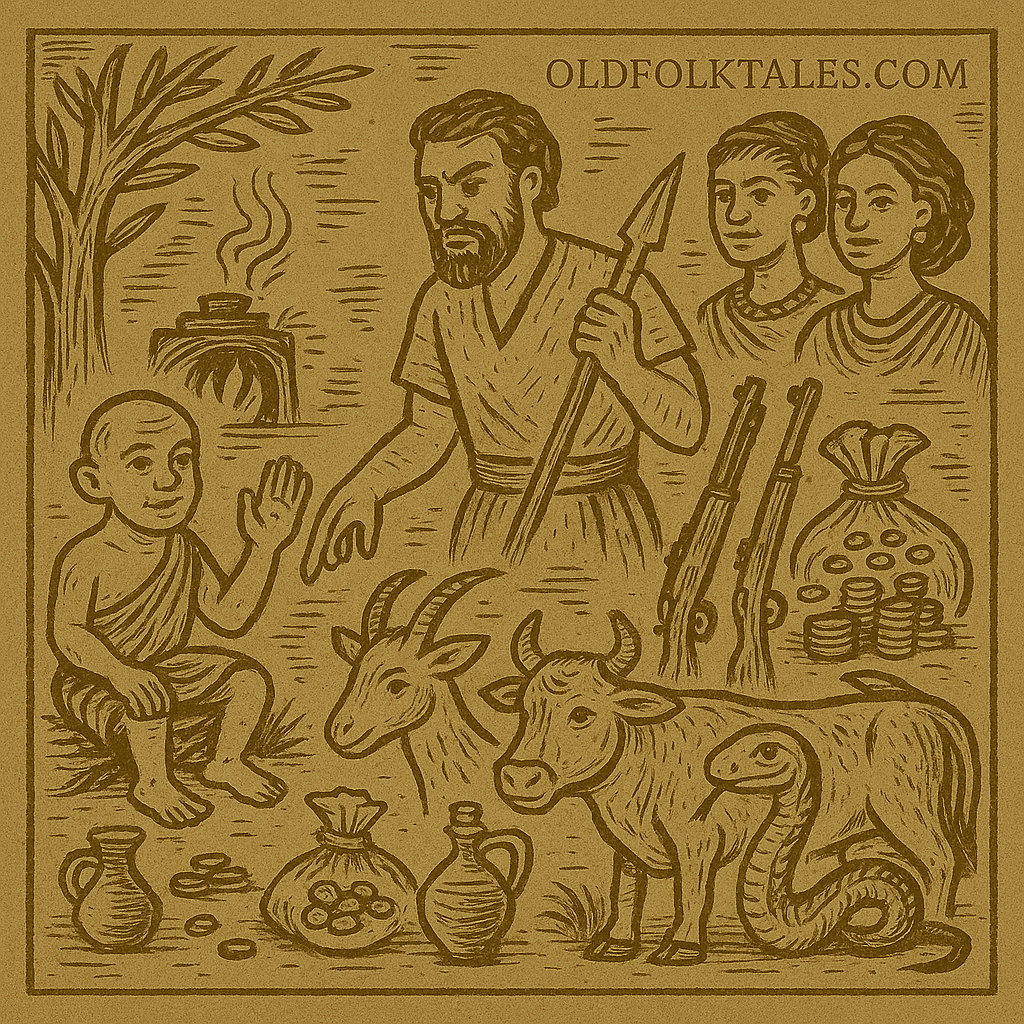 Parchment-style drawing of hunter and magical dwarf summoning riches; African folktale about patience and reward.