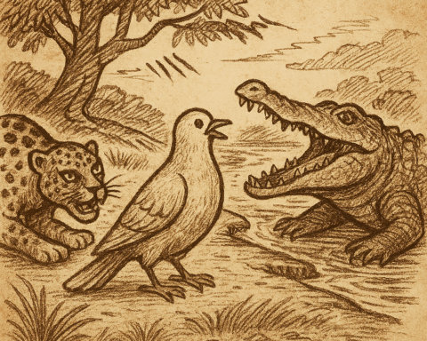 Parchment-style drawing of Dove warning Crocodile as Leopard approaches; African folktale about betrayal and oaths.