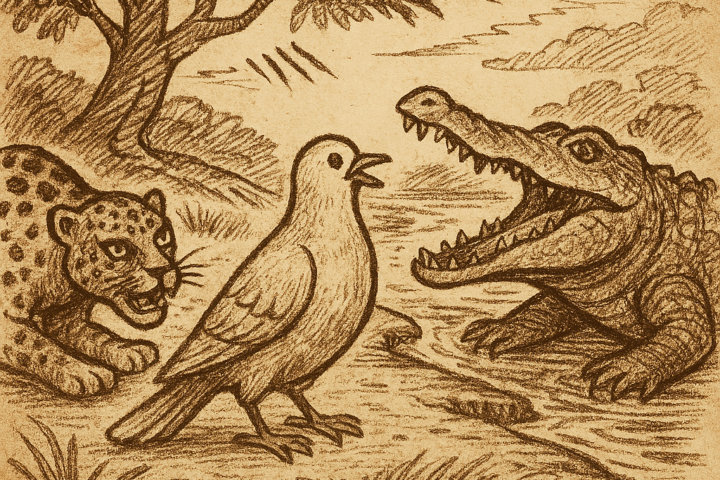 Parchment-style drawing of Dove warning Crocodile as Leopard approaches; African folktale about betrayal and oaths.