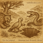 Parchment-style drawing of Tortoise luring Leopard and Boa toward trap; African folktale about deception and rivalry.