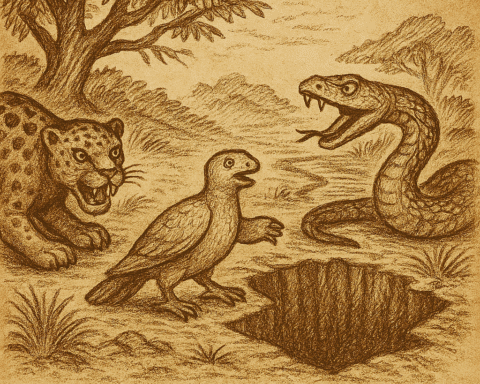 Parchment-style drawing of Tortoise luring Leopard and Boa toward trap; African folktale about deception and rivalry.