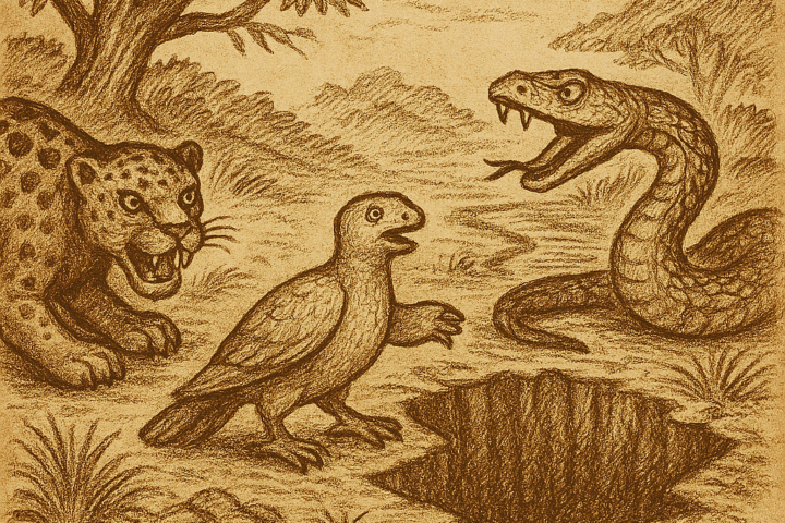 Parchment-style drawing of Tortoise luring Leopard and Boa toward trap; African folktale about deception and rivalry.