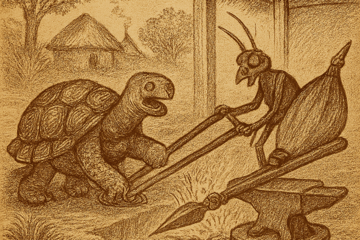 Parchment-style drawing of Tortoise’s forge with Cockroach, Chicken, Genet, and Leopard; African folktale of trickery.
