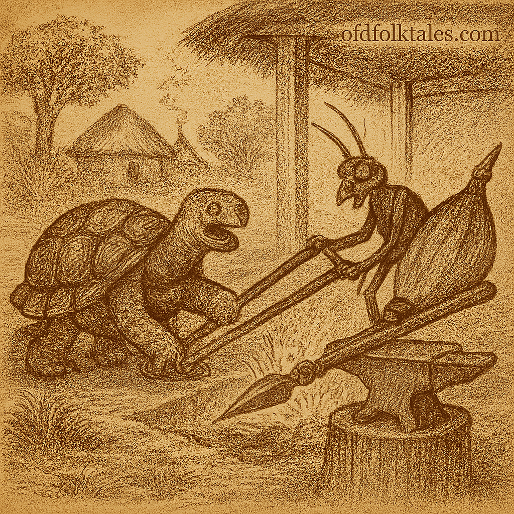 The Animals War with Humans | FolktalesAfrica.com Parchment-style drawing of Tortoise’s forge with Cockroach, Chicken, Genet, and Leopard; African folktale of trickery.