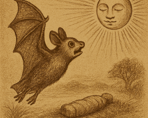 Parchment-style drawing of Bat flying from Sun above grave; African folktale about betrayal and mourning.