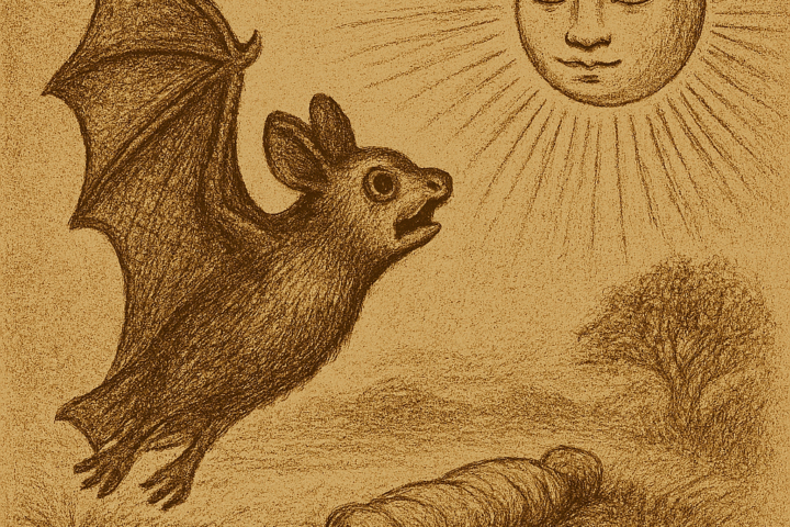 Parchment-style drawing of Bat flying from Sun above grave; African folktale about betrayal and mourning.
