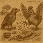 Parchment-style drawing of Hawk watching Hen destroy Cockroach and healing herbs; African folktale of betrayal.
