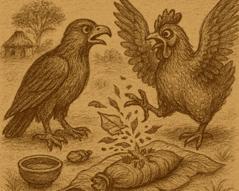 Parchment-style drawing of Hawk watching Hen destroy Cockroach and healing herbs; African folktale of betrayal.