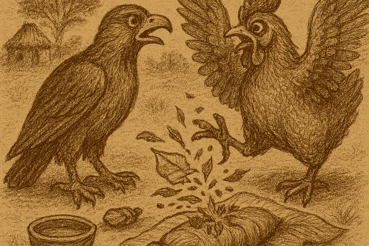 Parchment-style drawing of Hawk watching Hen destroy Cockroach and healing herbs; African folktale of betrayal.