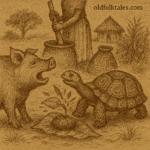 Parchment-style drawing of Pig confronting Mrs. Tortoise grinding spices on Tortoise’s shell
