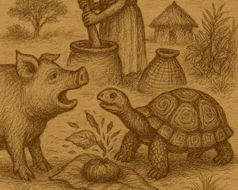 Parchment-style drawing of Pig confronting Mrs. Tortoise grinding spices on Tortoise’s shell