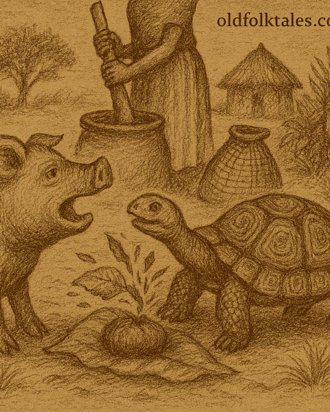 Parchment-style drawing of Pig confronting Mrs. Tortoise grinding spices on Tortoise’s shell