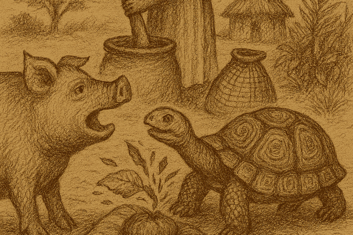 Parchment-style drawing of Pig confronting Mrs. Tortoise grinding spices on Tortoise’s shell