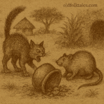 Parchment-style drawing of Cat lifting pot as Rat escapes; African folktale about greed and broken friendship.