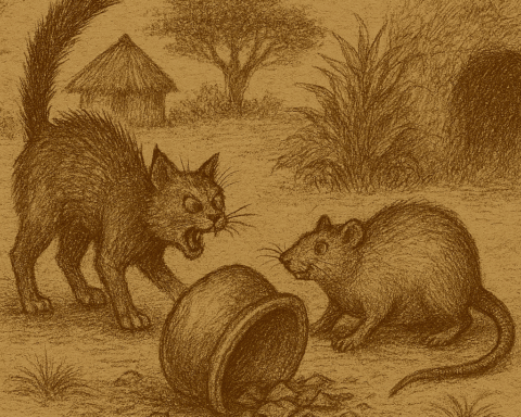 Parchment-style drawing of Cat lifting pot as Rat escapes; African folktale about greed and broken friendship.