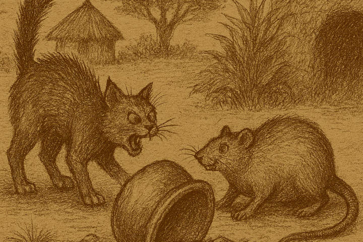 Parchment-style drawing of Cat lifting pot as Rat escapes; African folktale about greed and broken friendship.
