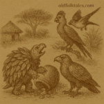 Parchment-style drawing of feathered Tortoise claiming feast from birds; African folktale about deception and greed.