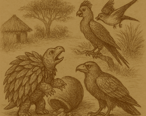 Parchment-style drawing of feathered Tortoise claiming feast from birds; African folktale about deception and greed.