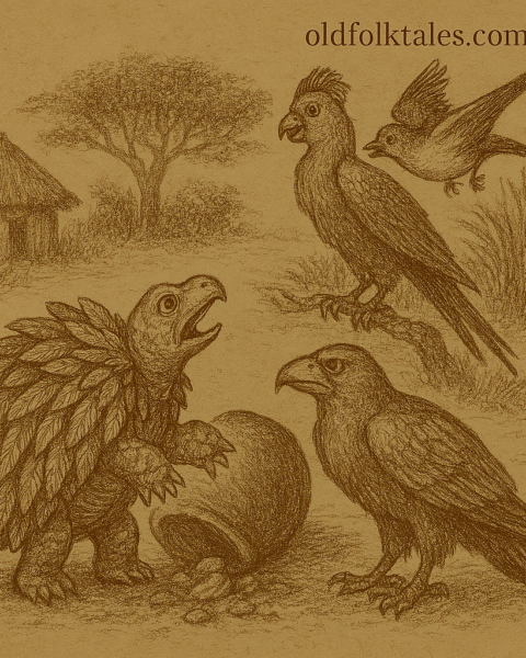 Parchment-style drawing of feathered Tortoise claiming feast from birds; African folktale about deception and greed.