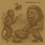 Parchment-style drawing of Monkey scolding Bee at meal with Lion; West African folktale about friendship and justice.