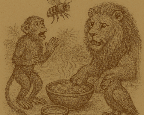 Parchment-style drawing of Monkey scolding Bee at meal with Lion; West African folktale about friendship and justice.