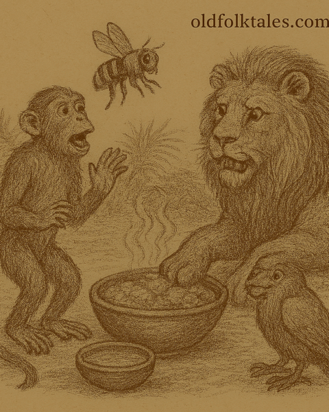 Parchment-style drawing of Monkey scolding Bee at meal with Lion; West African folktale about friendship and justice.