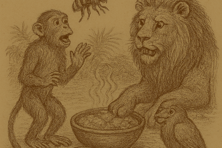 Parchment-style drawing of Monkey scolding Bee at meal with Lion; West African folktale about friendship and justice.
