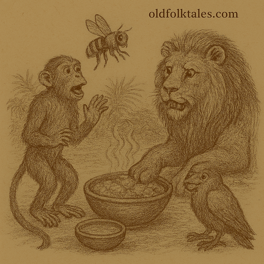 Monkey and Bee | FolktalesAfrica.com Parchment-style drawing of Monkey scolding Bee at meal with Lion; West African folktale about friendship and justice.